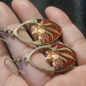 Vintage Cloisonne Enamel  Red Floral Earringsa